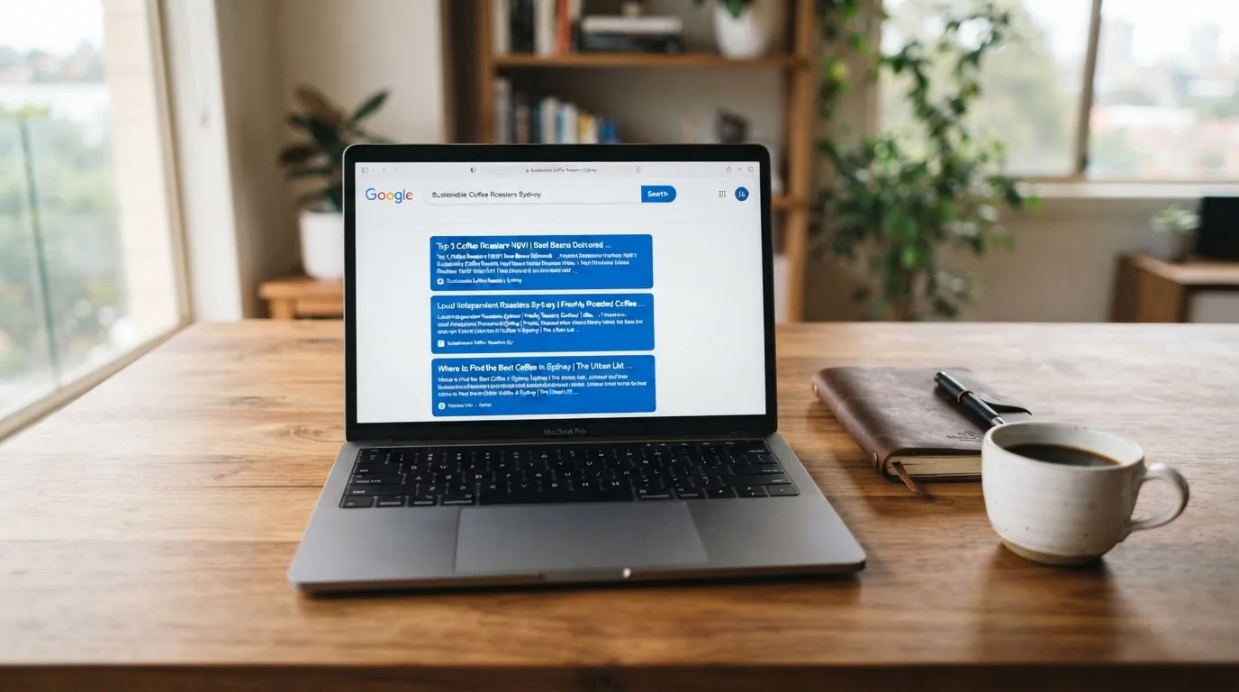 A tidy desk with a laptop open on a plain search-results page, a notebook and a coffee cup beside it, no screens showing any casino branding.