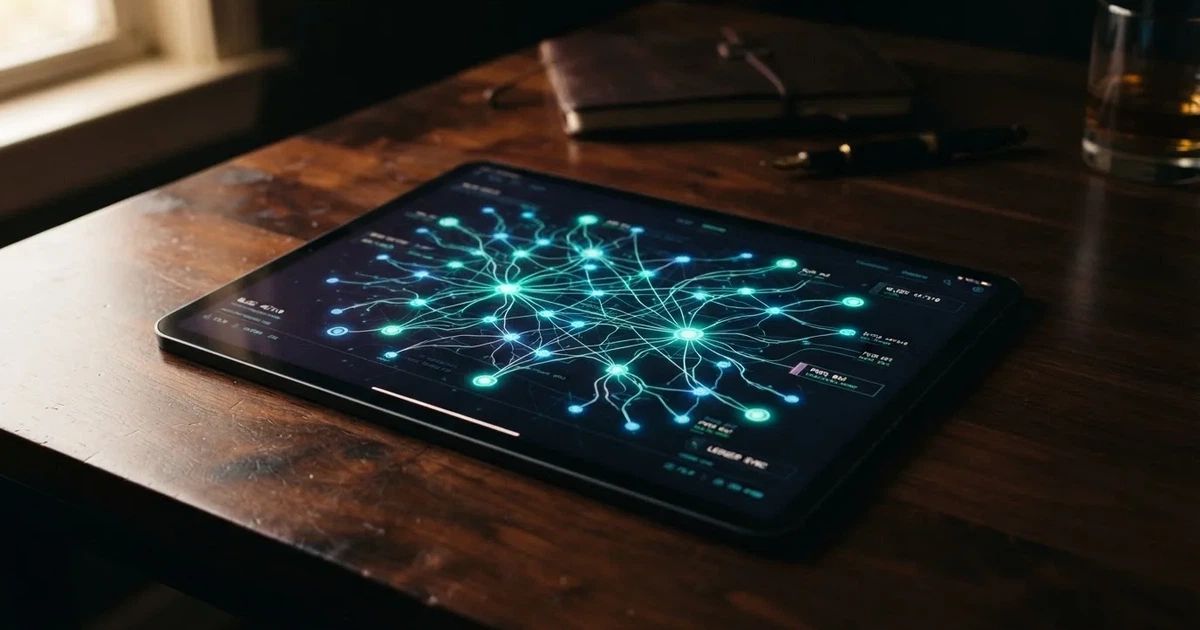A network of glowing connected nodes displayed on a tablet screen, representing a distributed ledger diagram.
