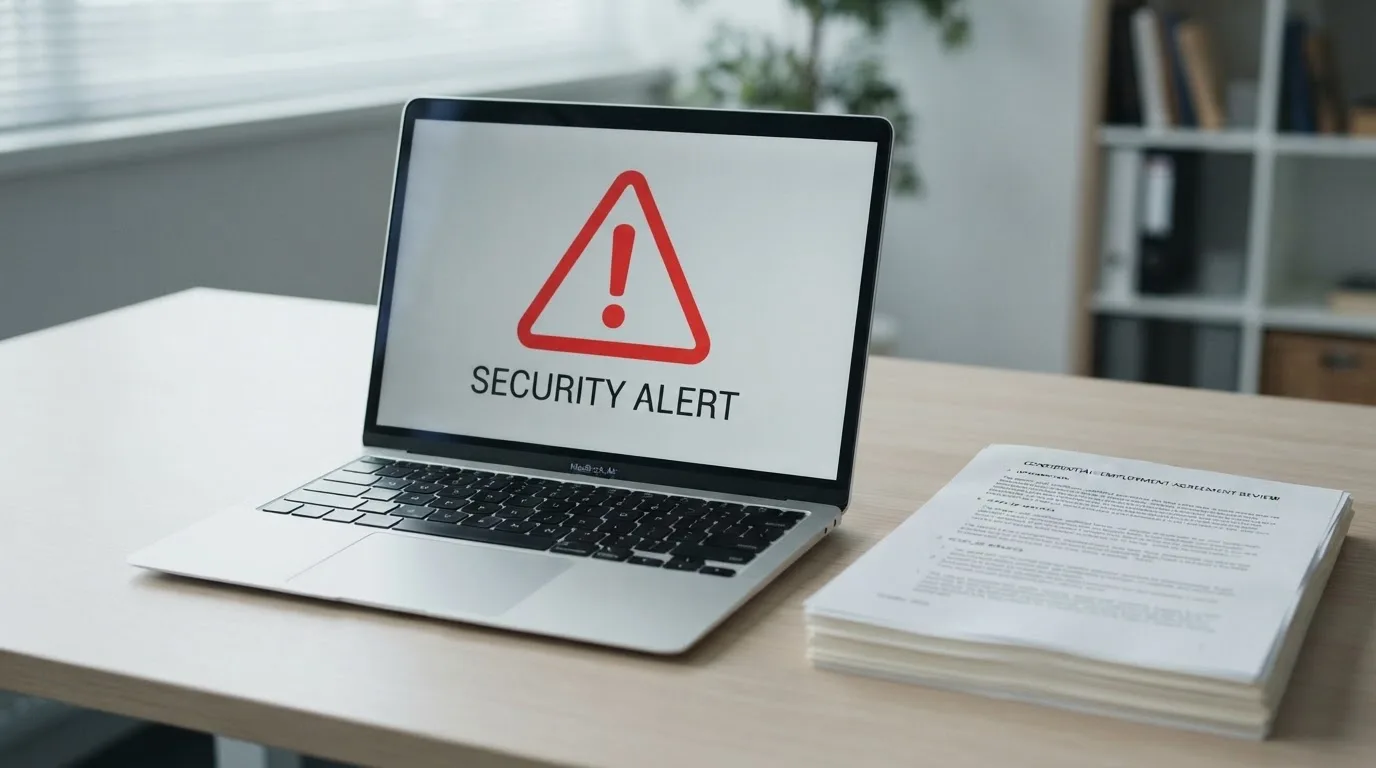 A red triangular warning sign icon on a laptop screen next to a stack of legal papers, symbolising an official caution rather than any specific website.