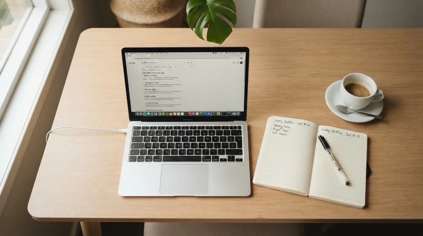 A tidy desk with a laptop open on a plain search-results page, a notebook and a coffee cup beside it, no screens showing any casino branding.
