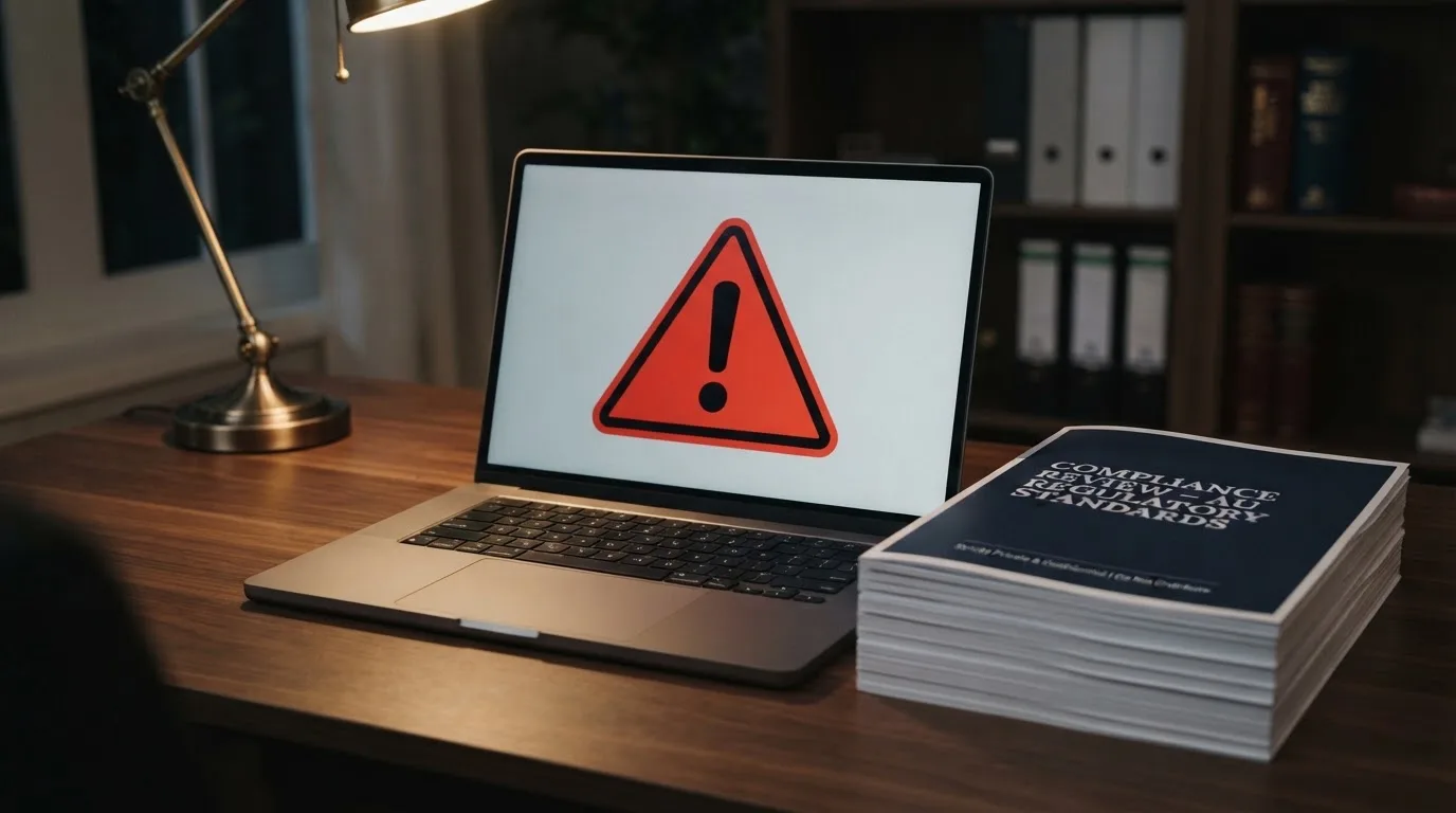 A red triangular warning sign icon on a laptop screen next to a stack of legal papers, symbolising an official caution rather than any specific website.