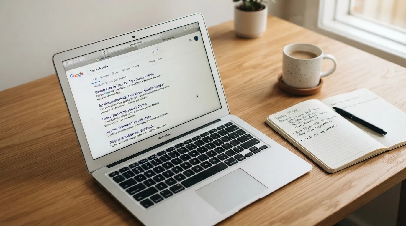 A tidy desk with a laptop open on a plain search-results page, a notebook and a coffee cup beside it, no screens showing any casino branding.