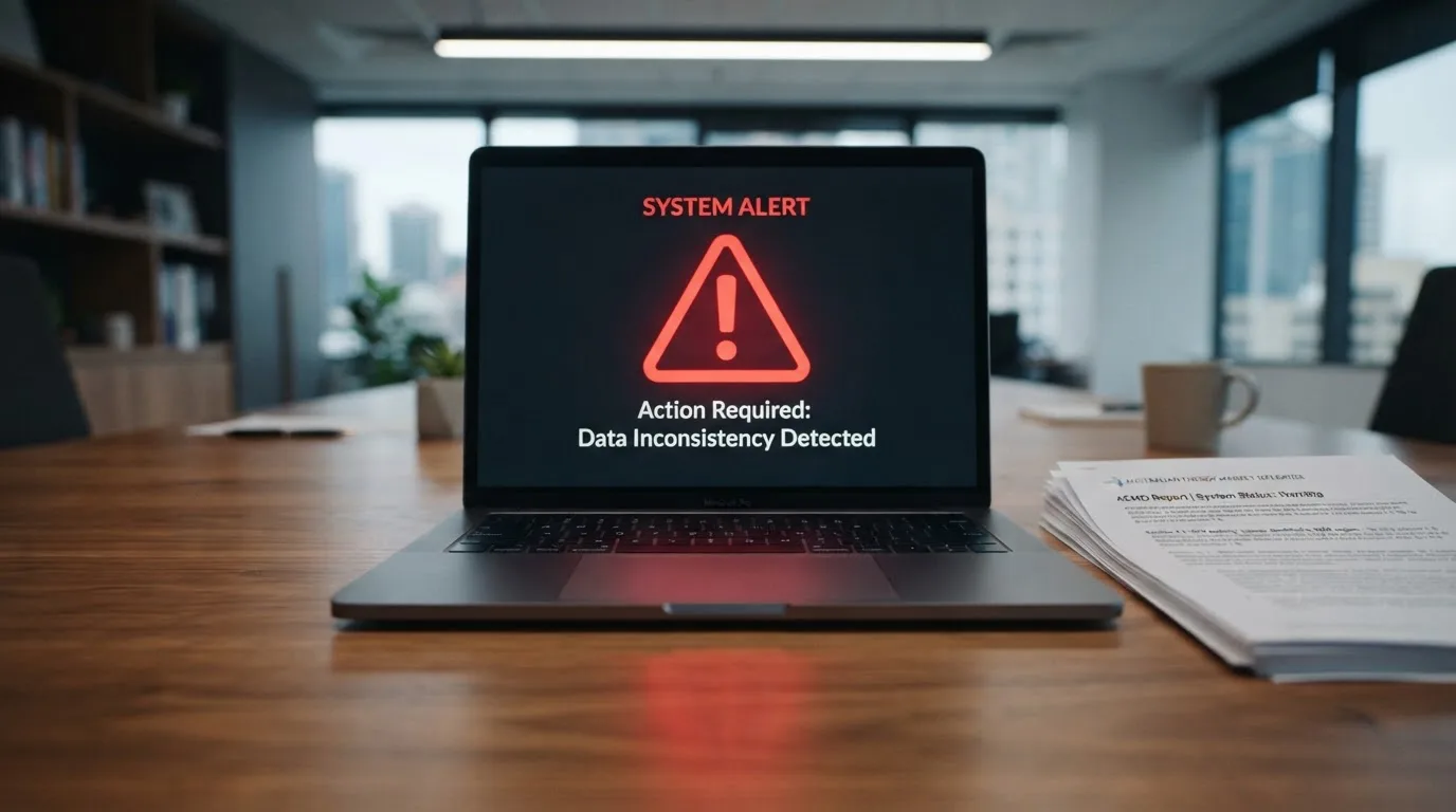 A red triangular warning sign icon on a laptop screen next to a stack of legal papers, symbolising an official caution rather than any specific website.