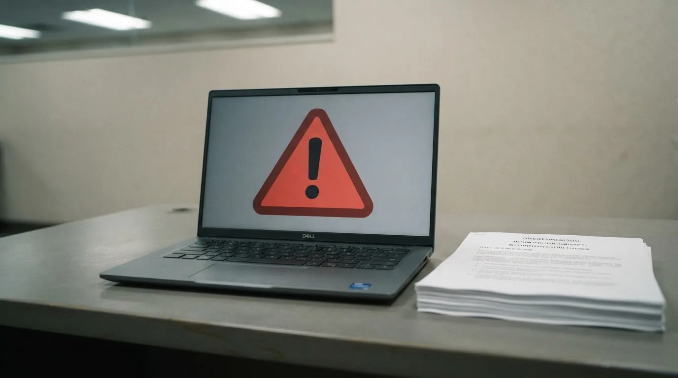 A red triangular warning sign icon on a laptop screen next to a stack of legal papers, symbolising an official caution rather than any specific website.