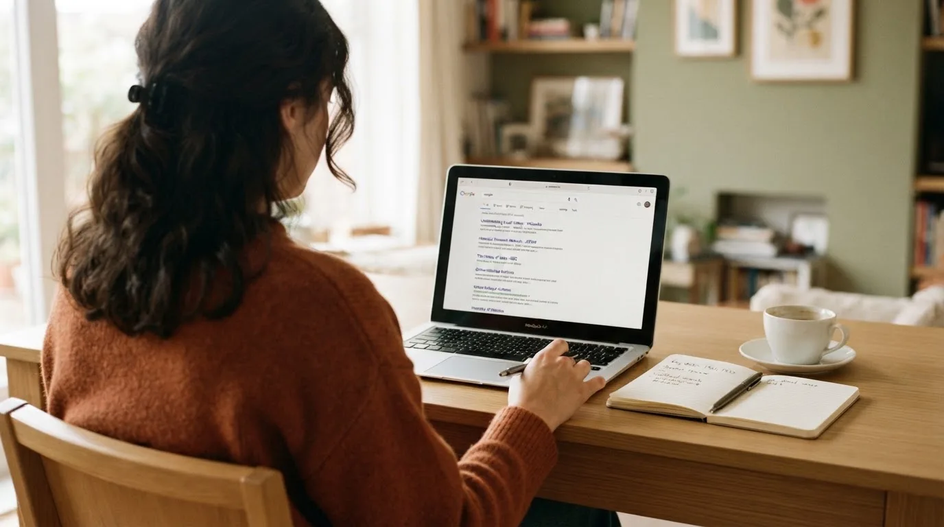 A tidy desk with a laptop open on a plain search-results page, a notebook and a coffee cup beside it, no screens showing any casino branding.