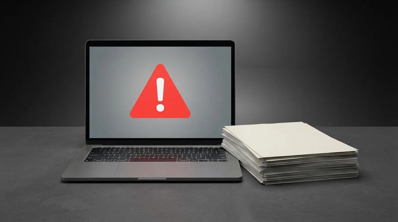 A red triangular warning sign icon on a laptop screen next to a stack of legal papers, symbolising an official caution rather than any specific website.