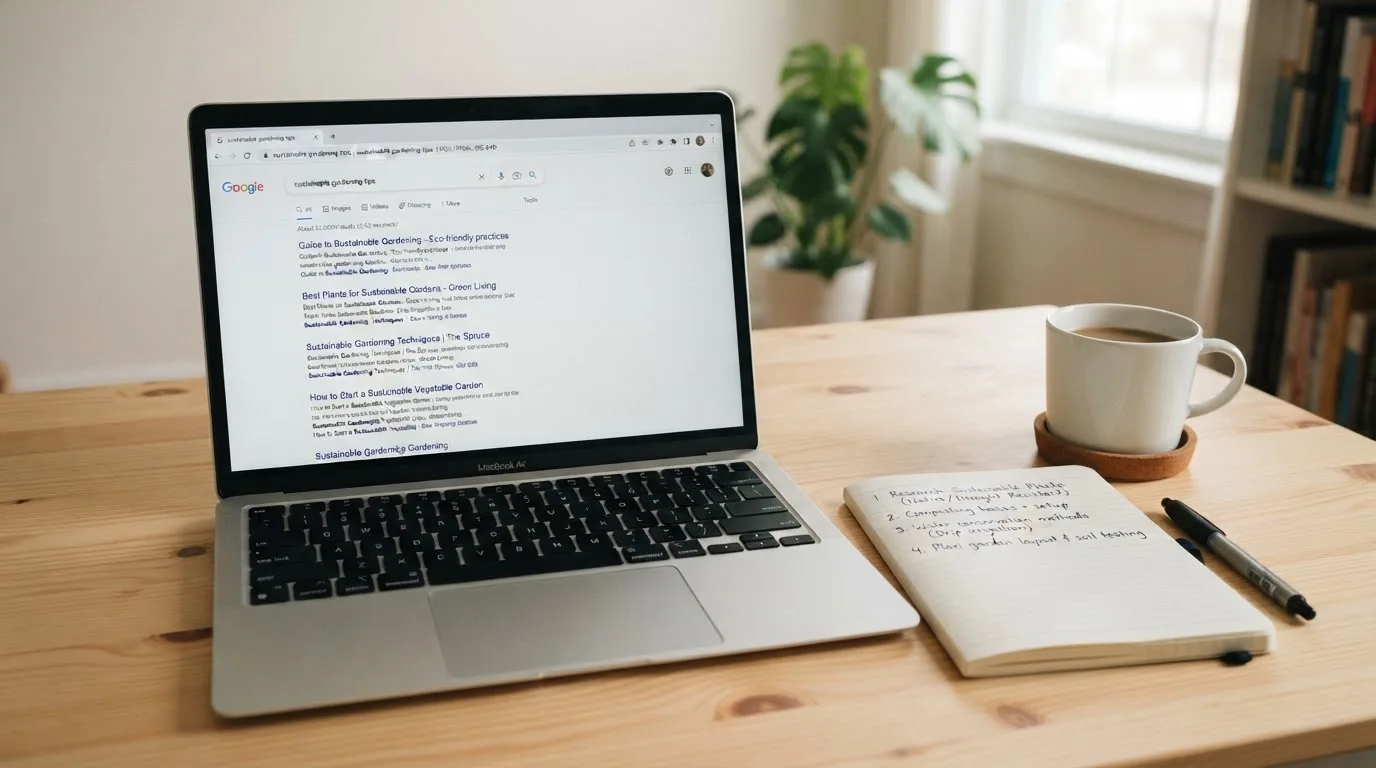 A tidy desk with a laptop open on a plain search-results page, a notebook and a coffee cup beside it, no screens showing any casino branding.