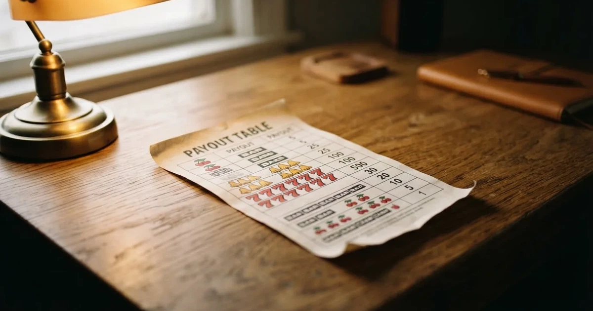 A printed strip of generic slot symbols and payout numbers laid on a desk, like a reference chart rather than a live game.