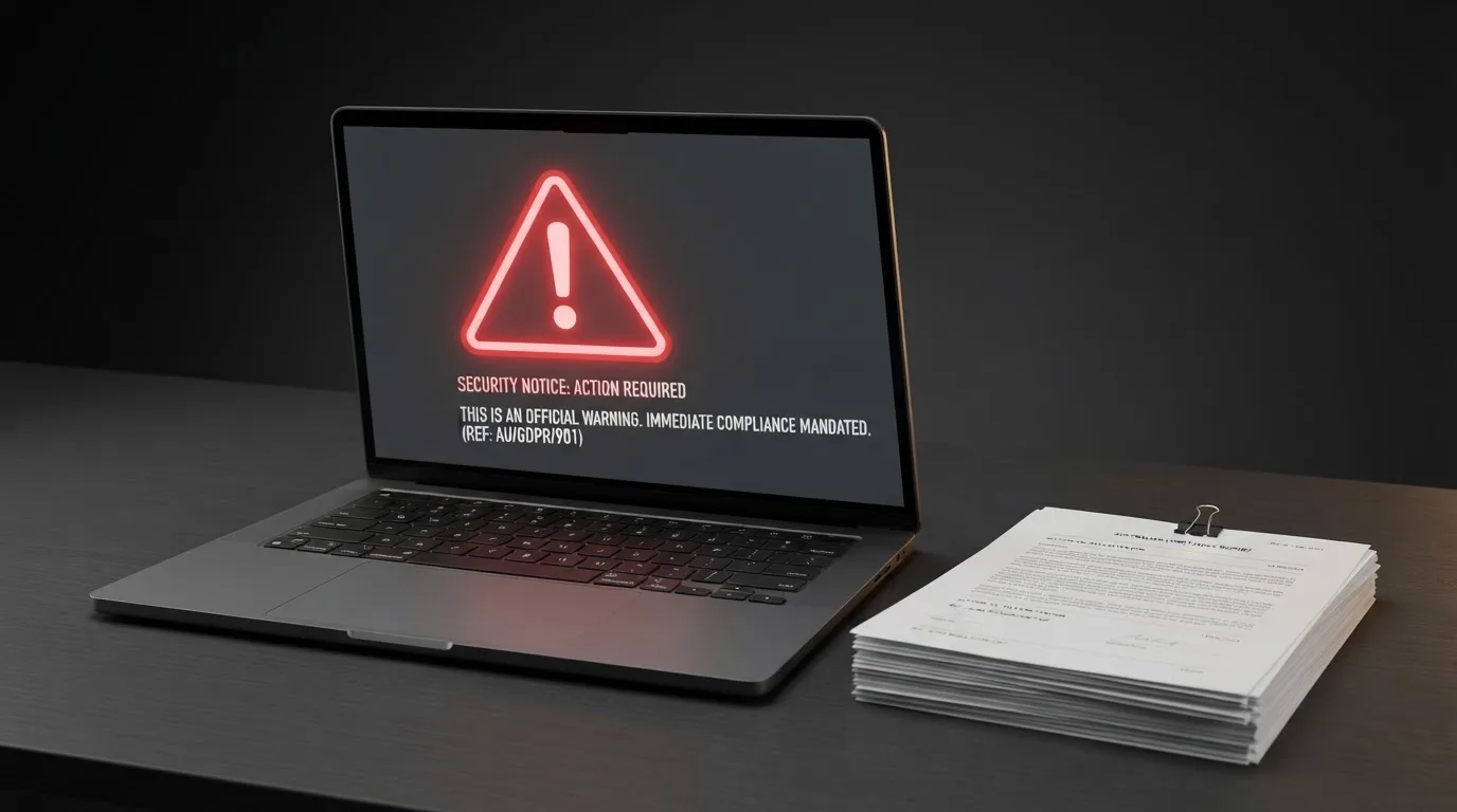A red triangular warning sign icon on a laptop screen next to a stack of legal papers, symbolising an official caution rather than any specific website.