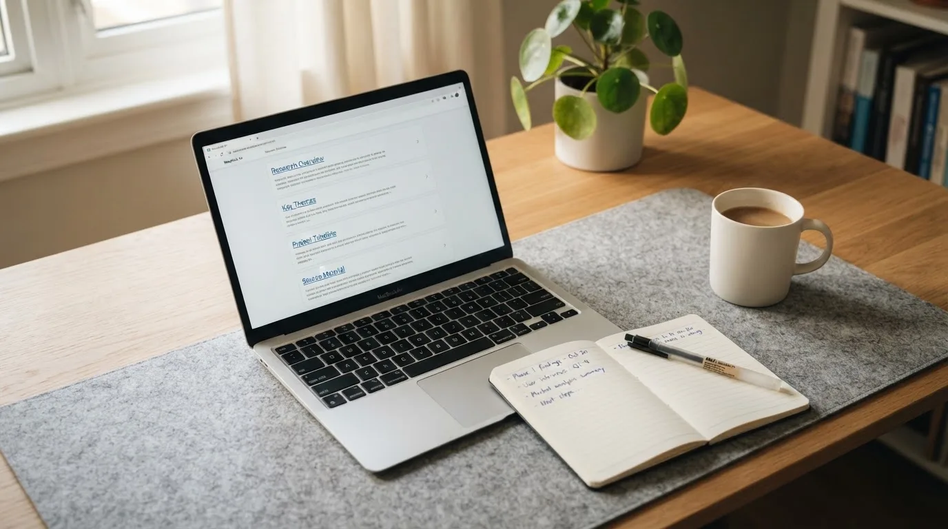 A tidy desk with a laptop open on a plain search-results page, a notebook and a coffee cup beside it, no screens showing any casino branding.