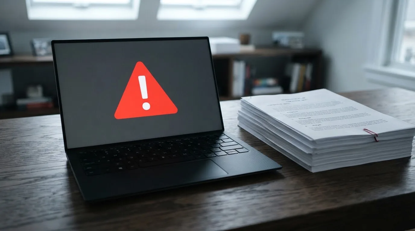 A red triangular warning sign icon on a laptop screen next to a stack of legal papers, symbolising an official caution rather than any specific website.