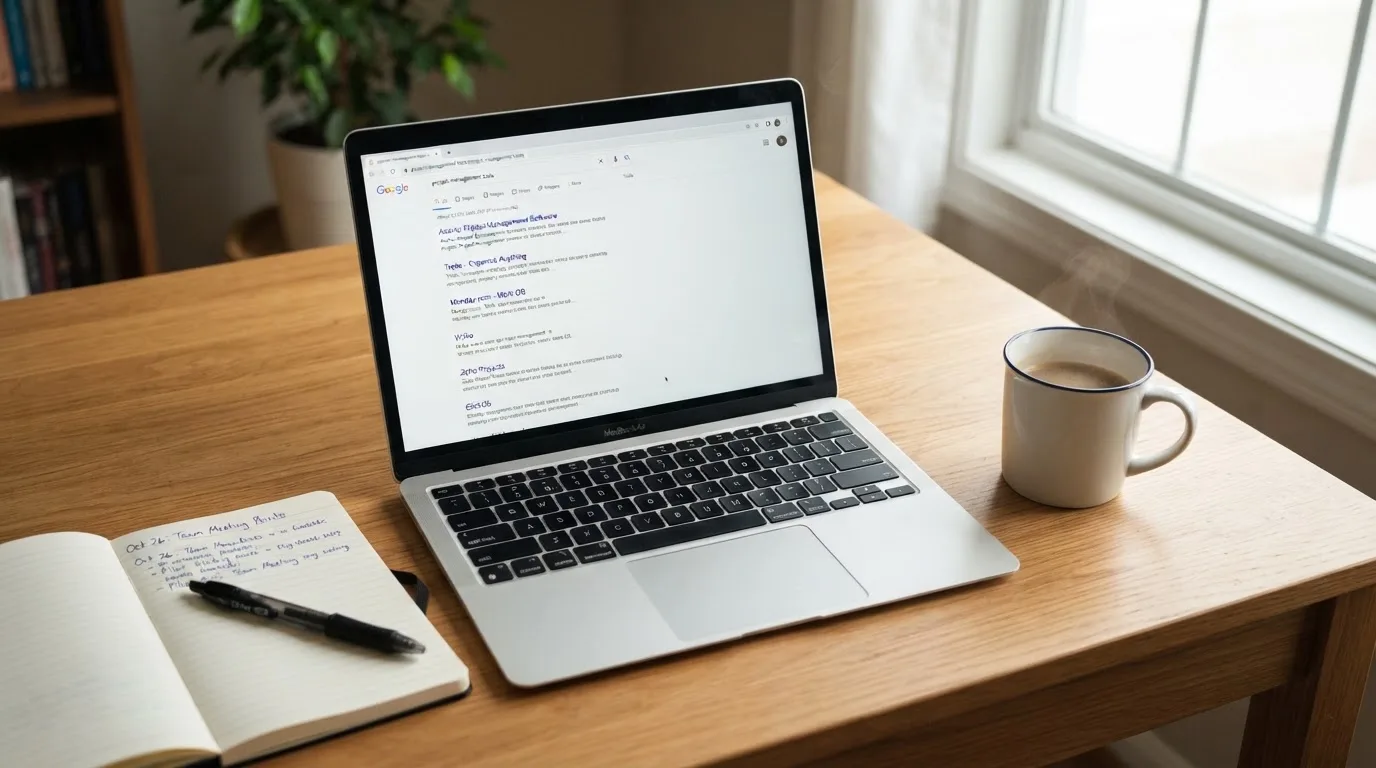 A tidy desk with a laptop open on a plain search-results page, a notebook and a coffee cup beside it, no screens showing any casino branding.