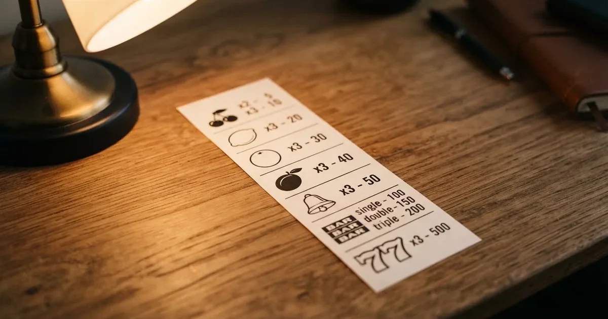 A printed strip of generic slot symbols and payout numbers laid on a desk, like a reference chart rather than a live game.