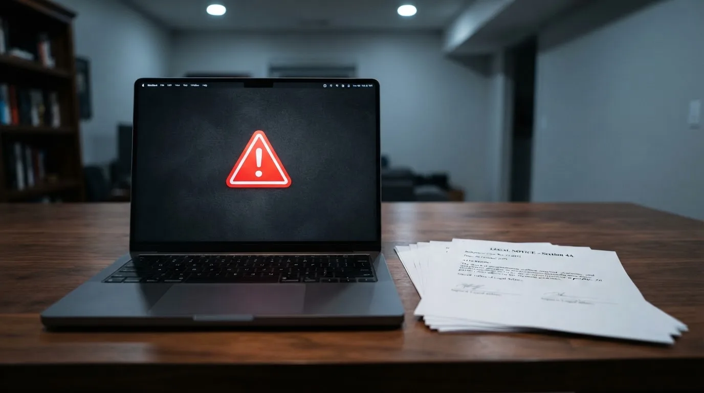 A red triangular warning sign icon on a laptop screen next to a stack of legal papers, symbolising an official caution rather than any specific website.