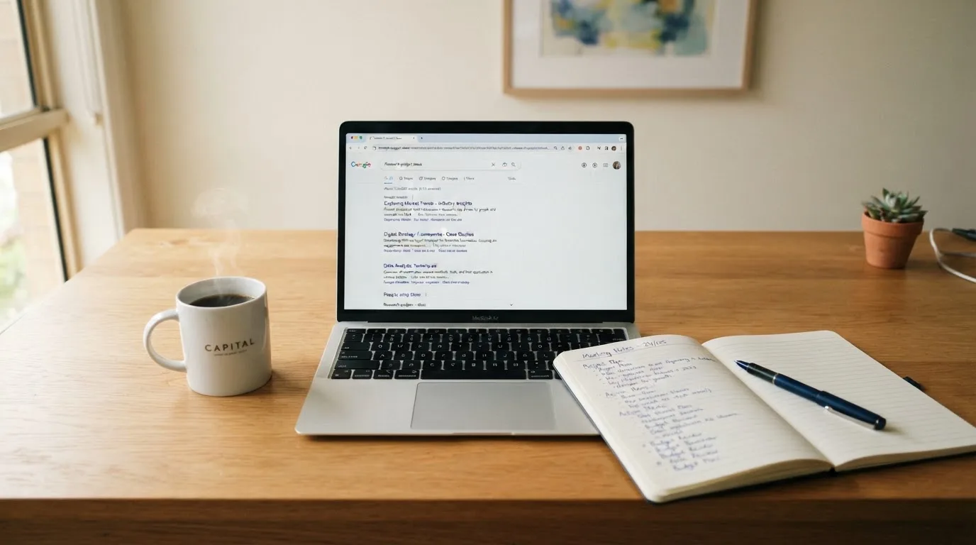 A tidy desk with a laptop open on a plain search-results page, a notebook and a coffee cup beside it, no screens showing any casino branding.
