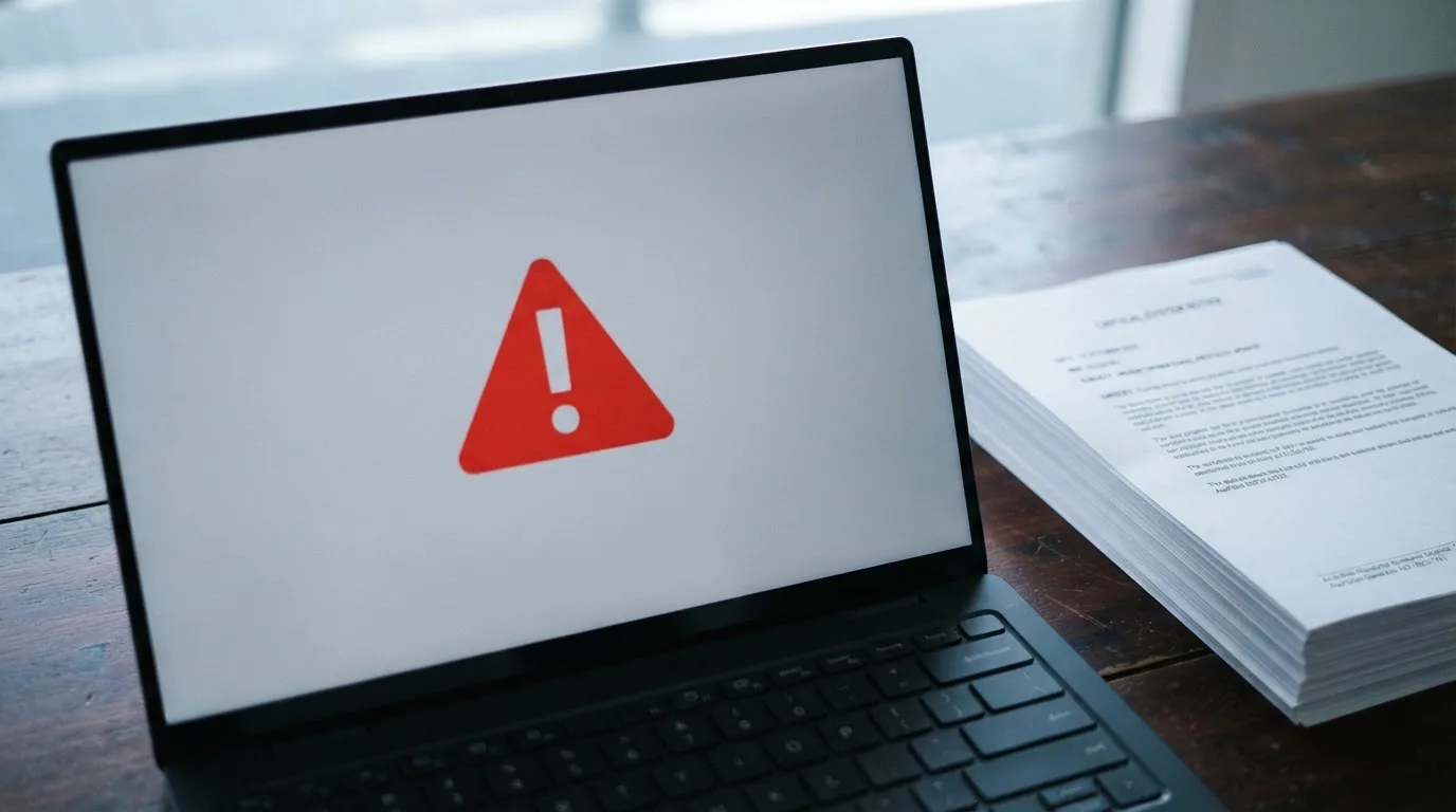 A red triangular warning sign icon on a laptop screen next to a stack of legal papers, symbolising an official caution rather than any specific website.