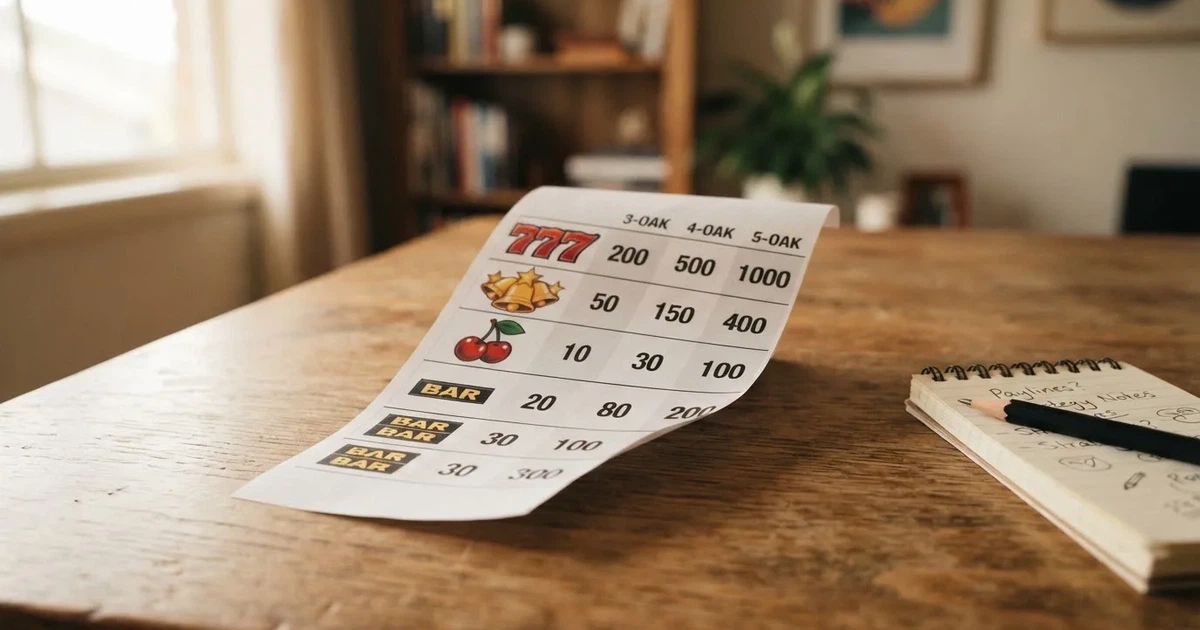 A printed strip of generic slot symbols and payout numbers laid on a desk, like a reference chart rather than a live game.