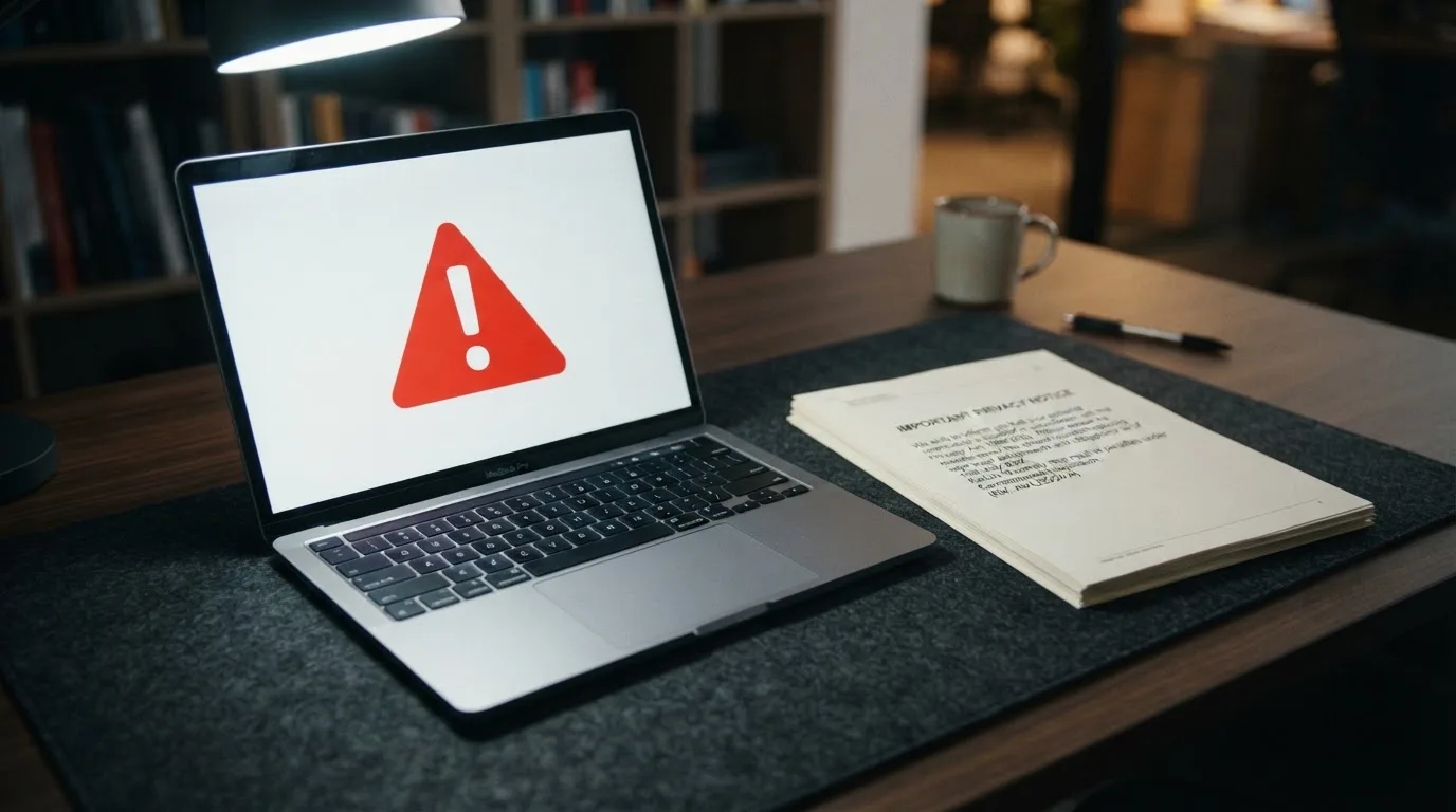 A red triangular warning sign icon on a laptop screen next to a stack of legal papers, symbolising an official caution rather than any specific website.