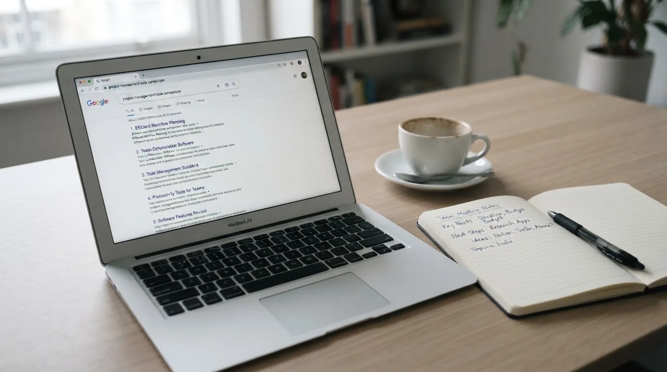A tidy desk with a laptop open on a plain search-results page, a notebook and a coffee cup beside it, no screens showing any casino branding.