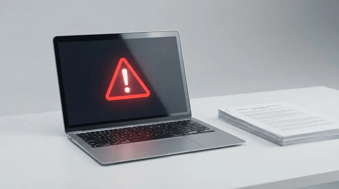 A red triangular warning sign icon on a laptop screen next to a stack of legal papers, symbolising an official caution rather than any specific website.
