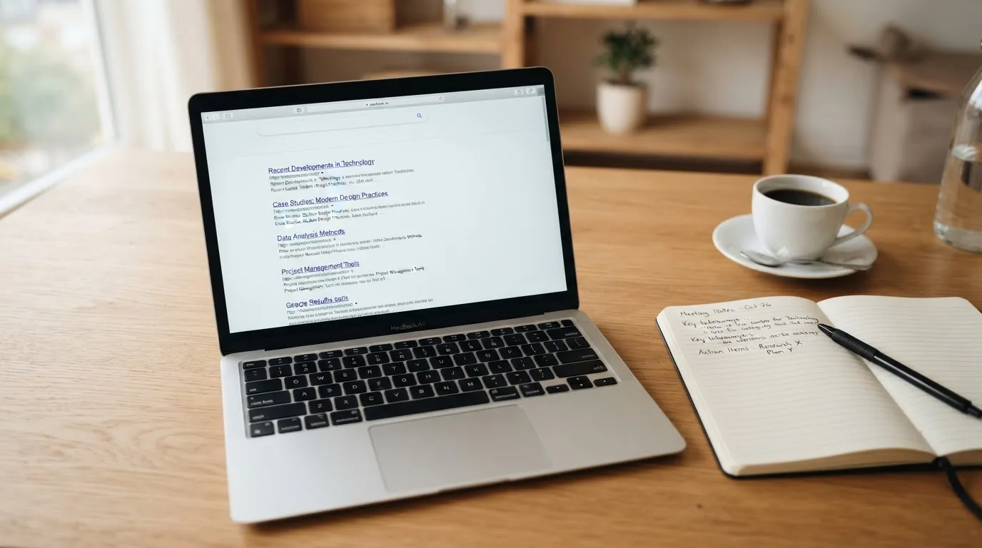 A tidy desk with a laptop open on a plain search-results page, a notebook and a coffee cup beside it, no screens showing any casino branding.