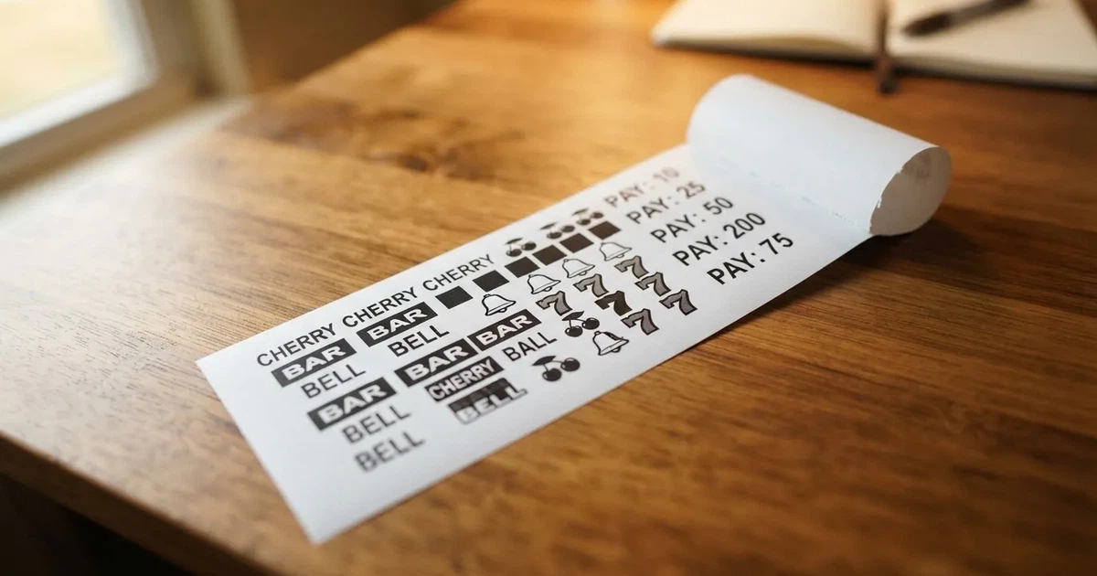 A printed strip of generic slot symbols and payout numbers laid on a desk, like a reference chart rather than a live game.