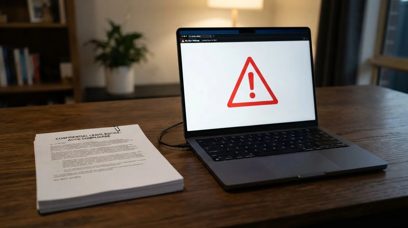 A red triangular warning sign icon on a laptop screen next to a stack of legal papers, symbolising an official caution rather than any specific website.