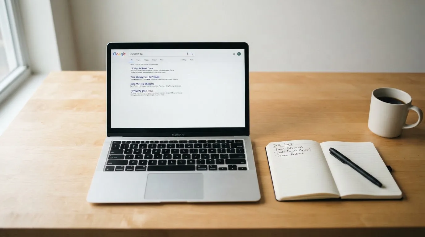 A tidy desk with a laptop open on a plain search-results page, a notebook and a coffee cup beside it, no screens showing any casino branding.