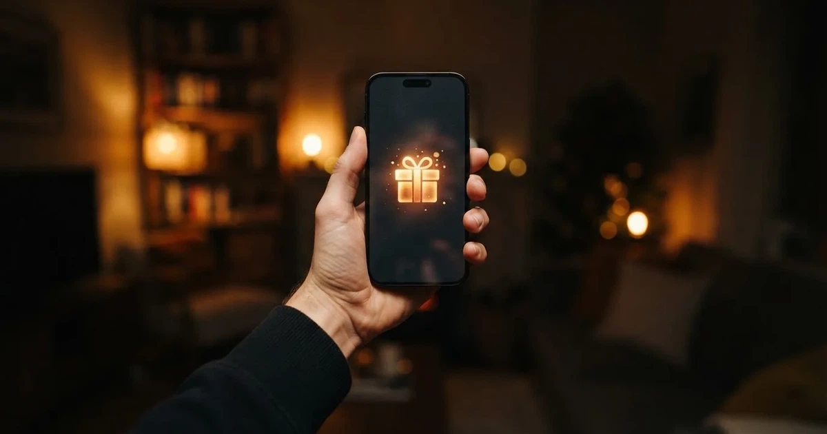A gift box icon glowing on a phone screen, held at arm's length, suggesting an unopened offer rather than an active game.