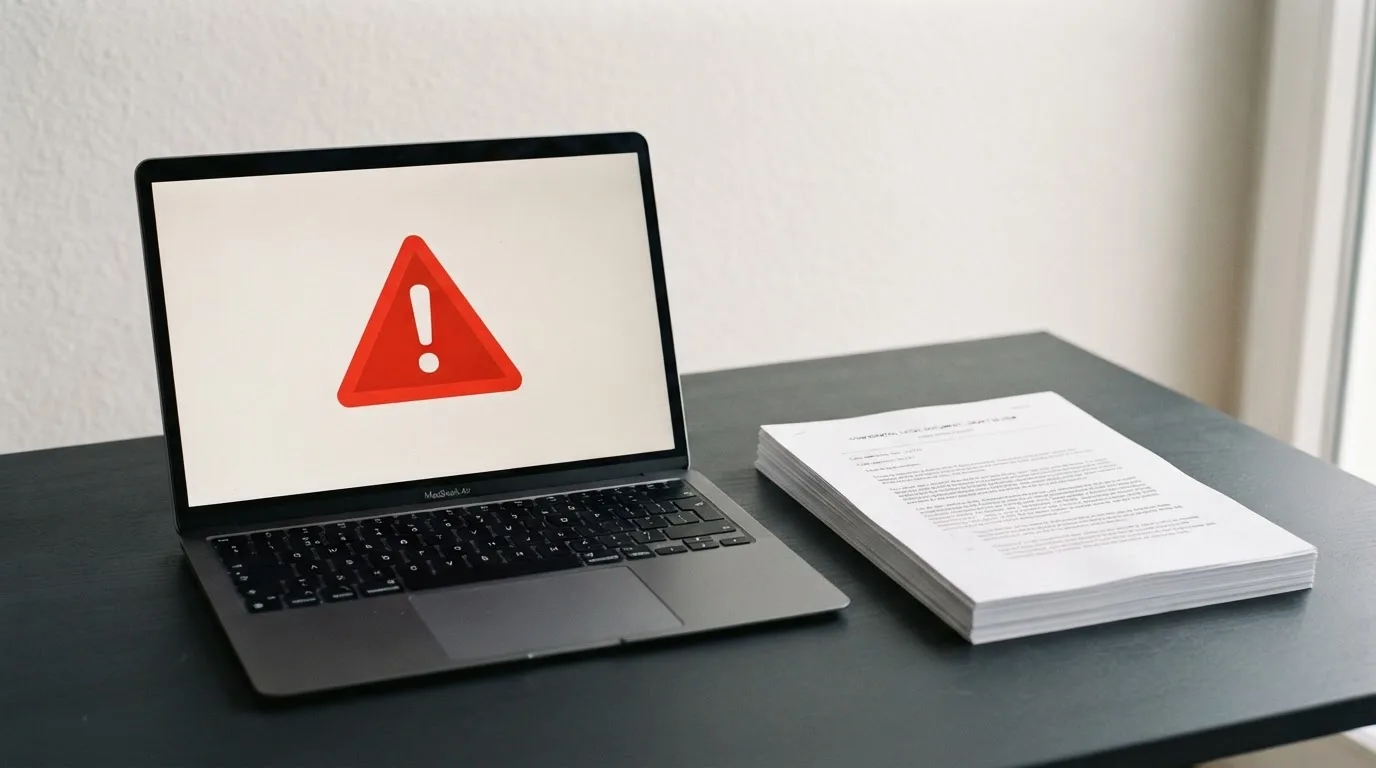 A red triangular warning sign icon on a laptop screen next to a stack of legal papers, symbolising an official caution rather than any specific website.
