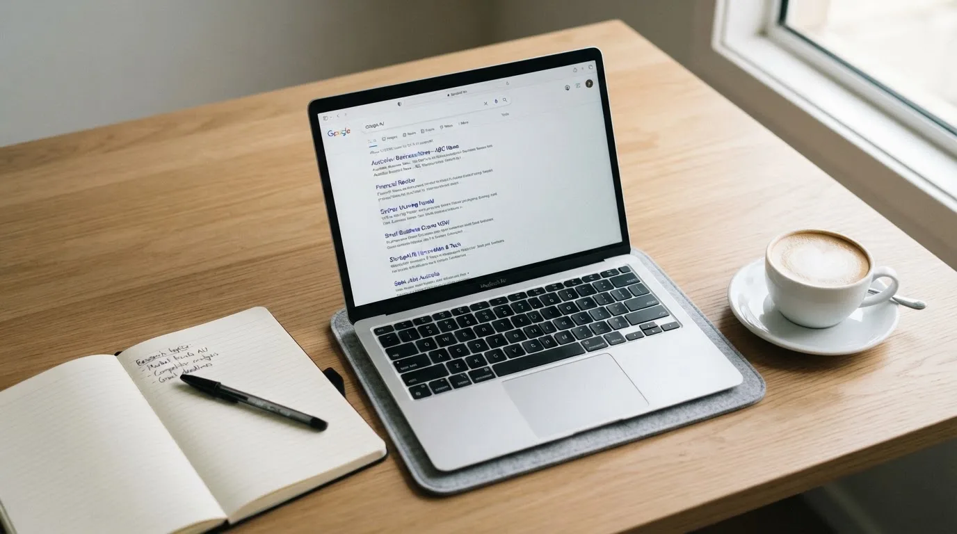 A tidy desk with a laptop open on a plain search-results page, a notebook and a coffee cup beside it, no screens showing any casino branding.