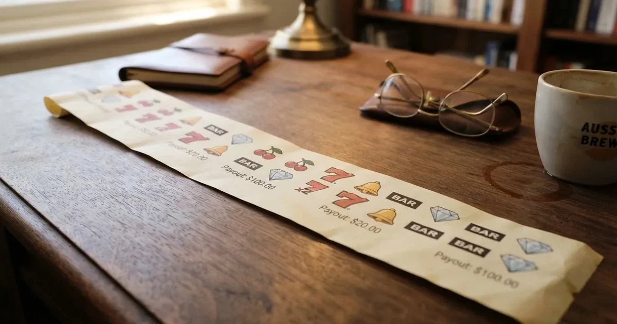 A printed strip of generic slot symbols and payout numbers laid on a desk, like a reference chart rather than a live game.
