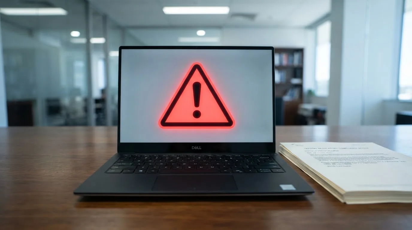 A red triangular warning sign icon on a laptop screen next to a stack of legal papers, symbolising an official caution rather than any specific website.