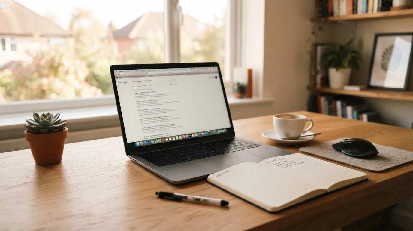A tidy desk with a laptop open on a plain search-results page, a notebook and a coffee cup beside it, no screens showing any casino branding.