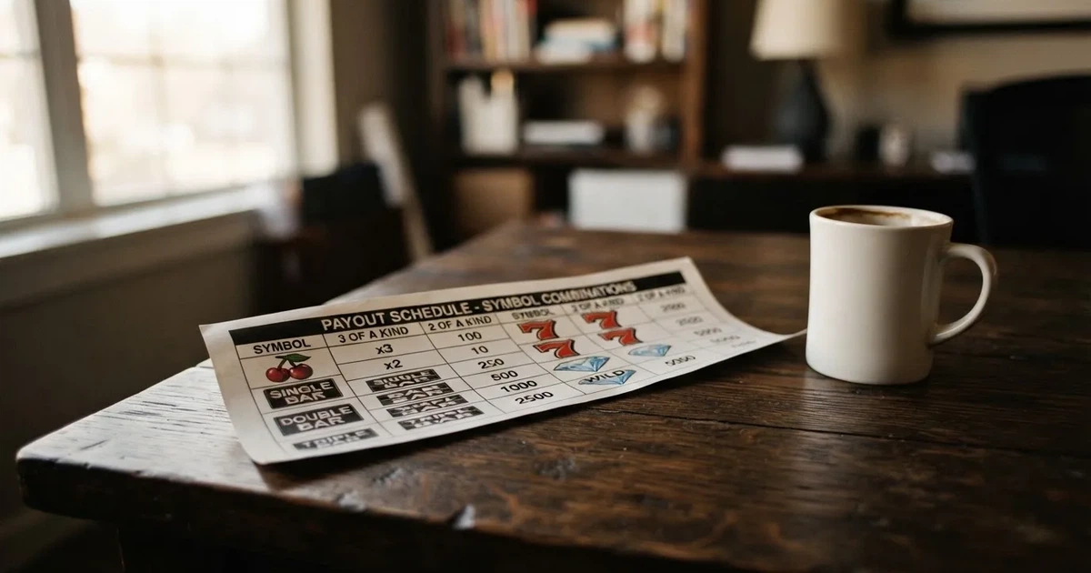 A printed strip of generic slot symbols and payout numbers laid on a desk, like a reference chart rather than a live game.