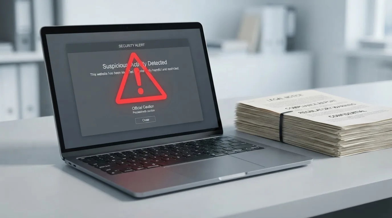A red triangular warning sign icon on a laptop screen next to a stack of legal papers, symbolising an official caution rather than any specific website.