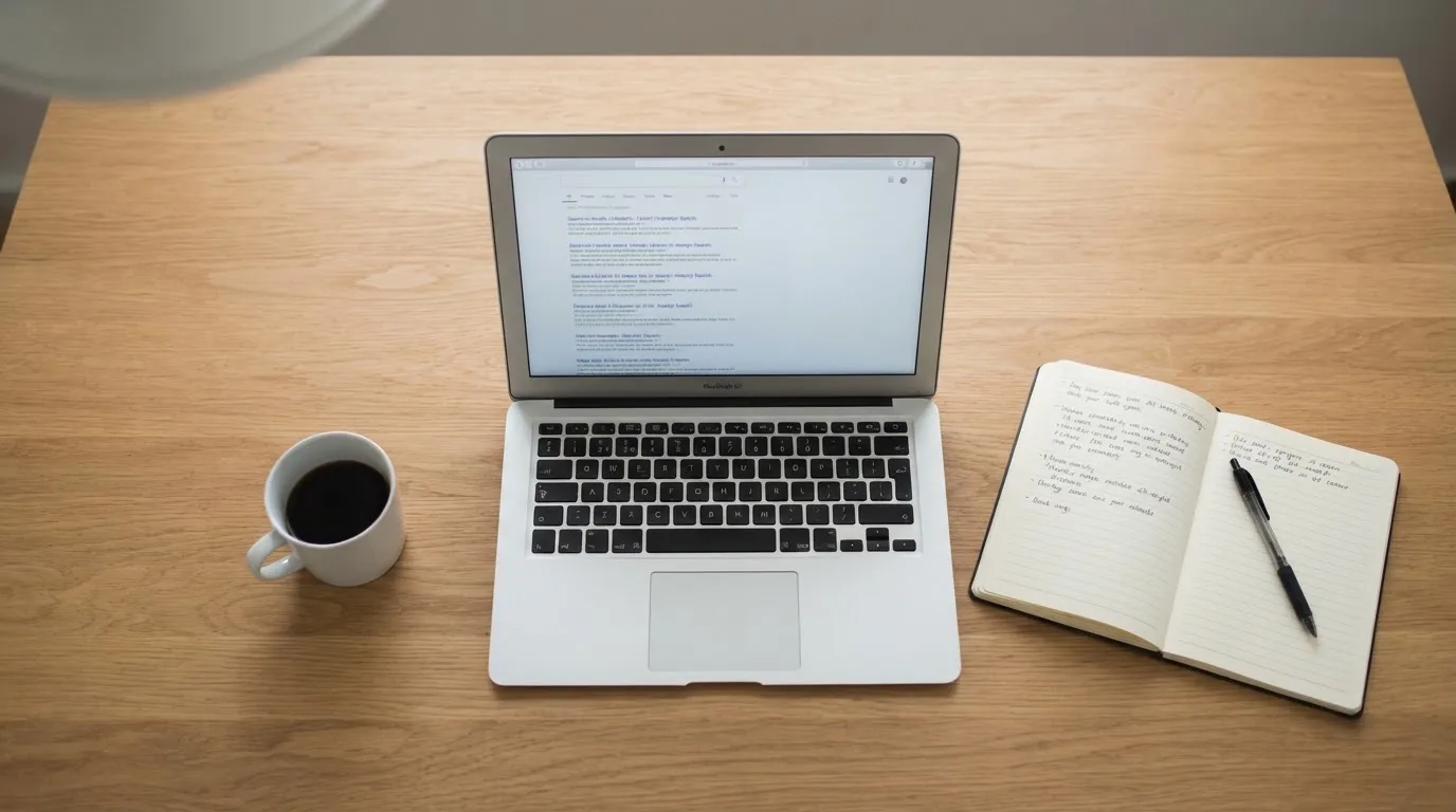 A tidy desk with a laptop open on a plain search-results page, a notebook and a coffee cup beside it, no screens showing any casino branding.
