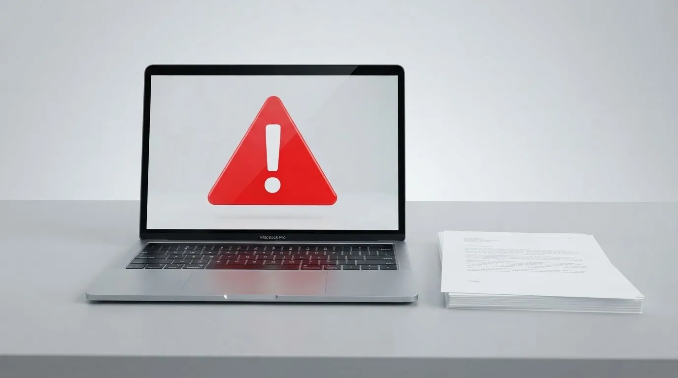 A red triangular warning sign icon on a laptop screen next to a stack of legal papers, symbolising an official caution rather than any specific website.
