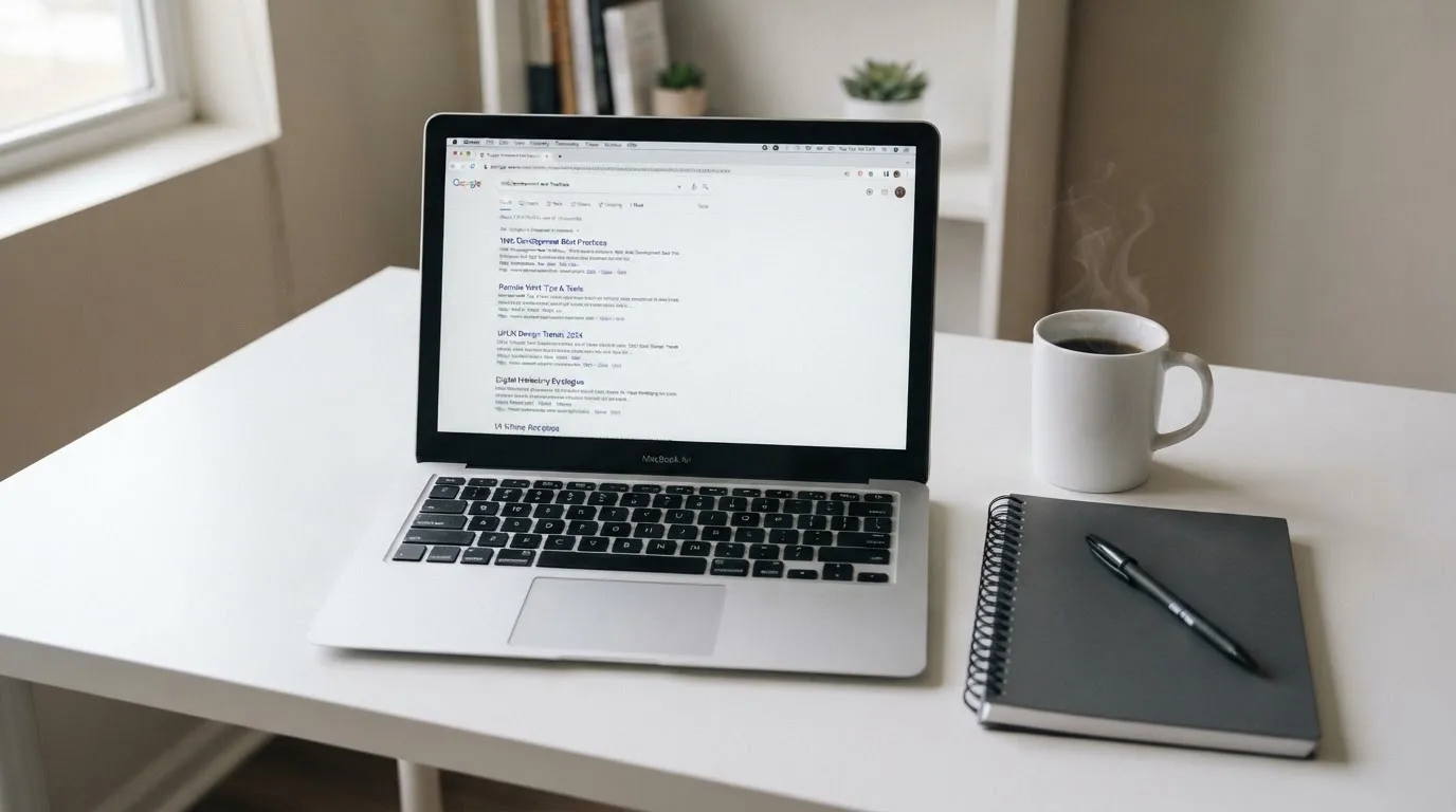 A tidy desk with a laptop open on a plain search-results page, a notebook and a coffee cup beside it, no screens showing any casino branding.