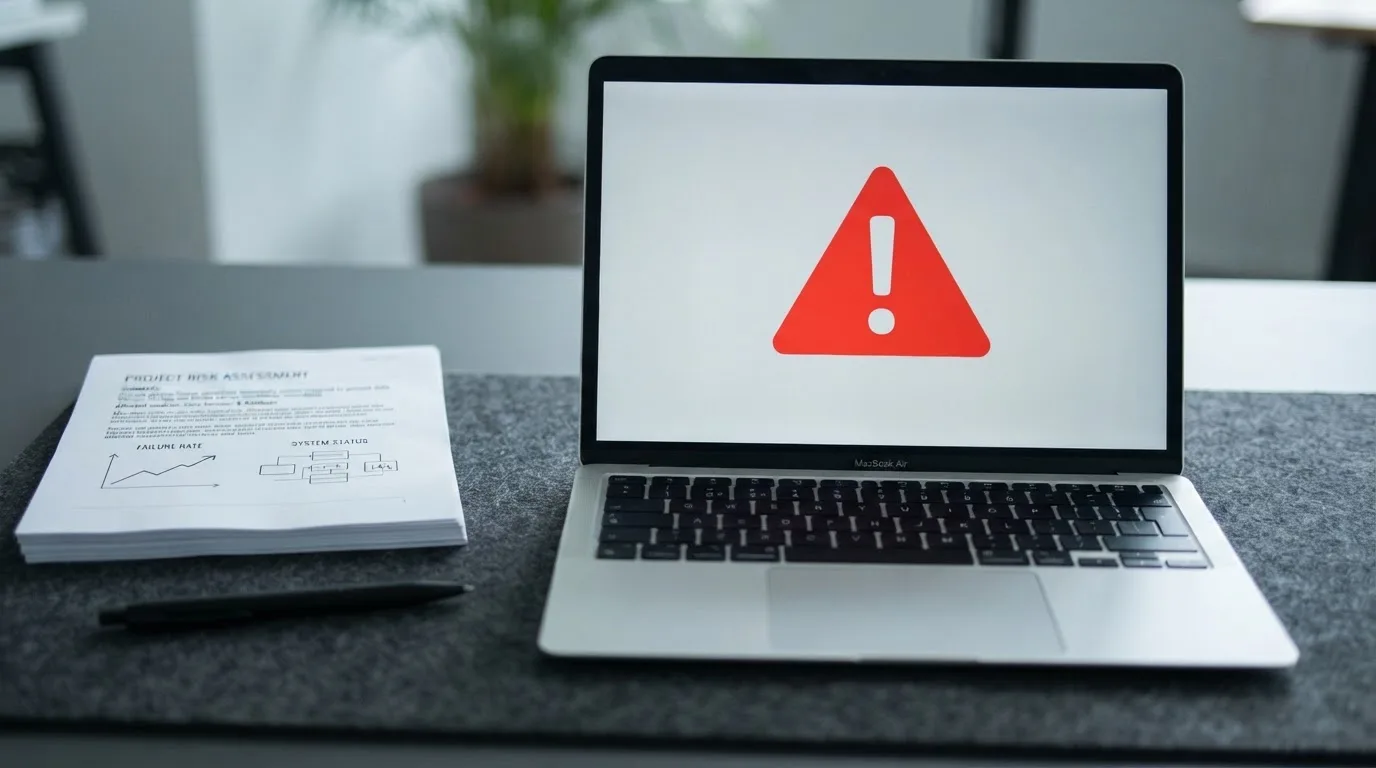 A red triangular warning sign icon on a laptop screen next to a stack of legal papers, symbolising an official caution rather than any specific website.