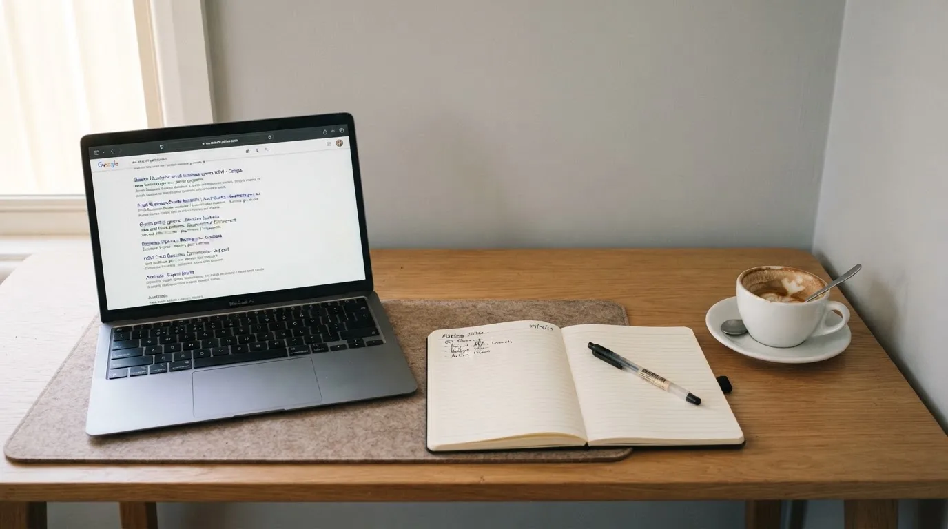 A tidy desk with a laptop open on a plain search-results page, a notebook and a coffee cup beside it, no screens showing any casino branding.