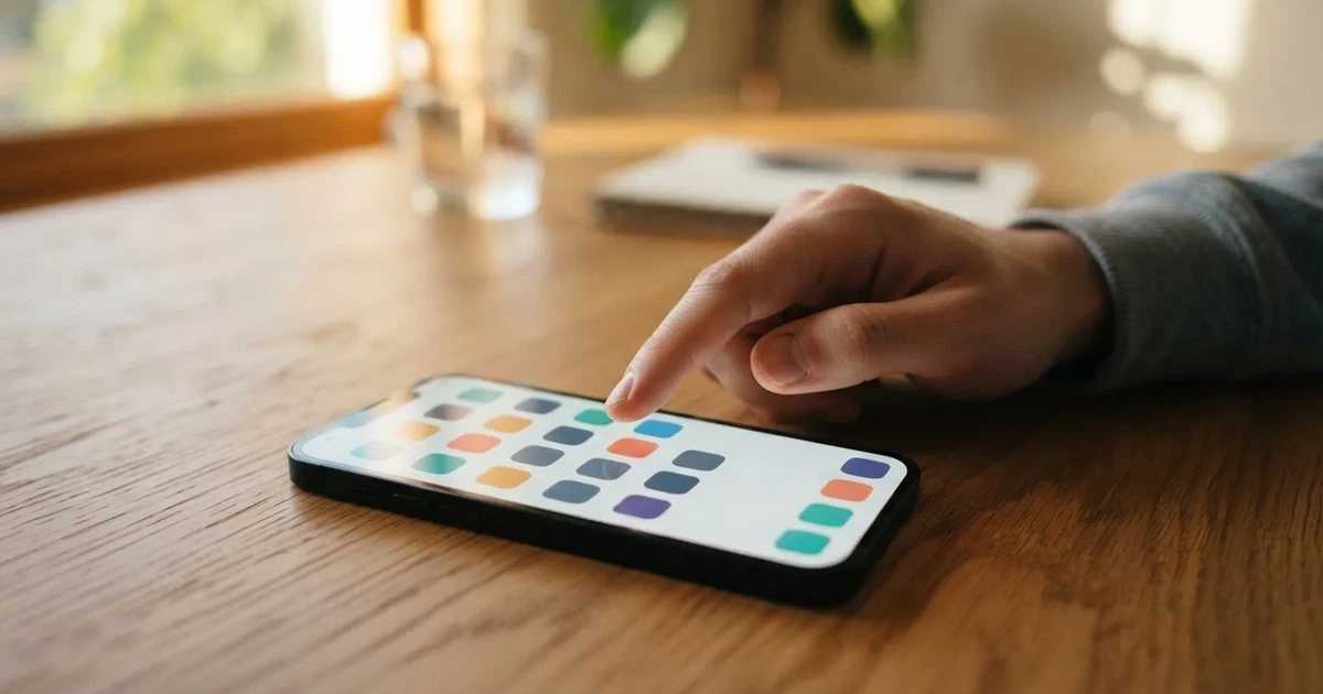 A hand tapping a smartphone screen showing generic app icons, none of them branded.