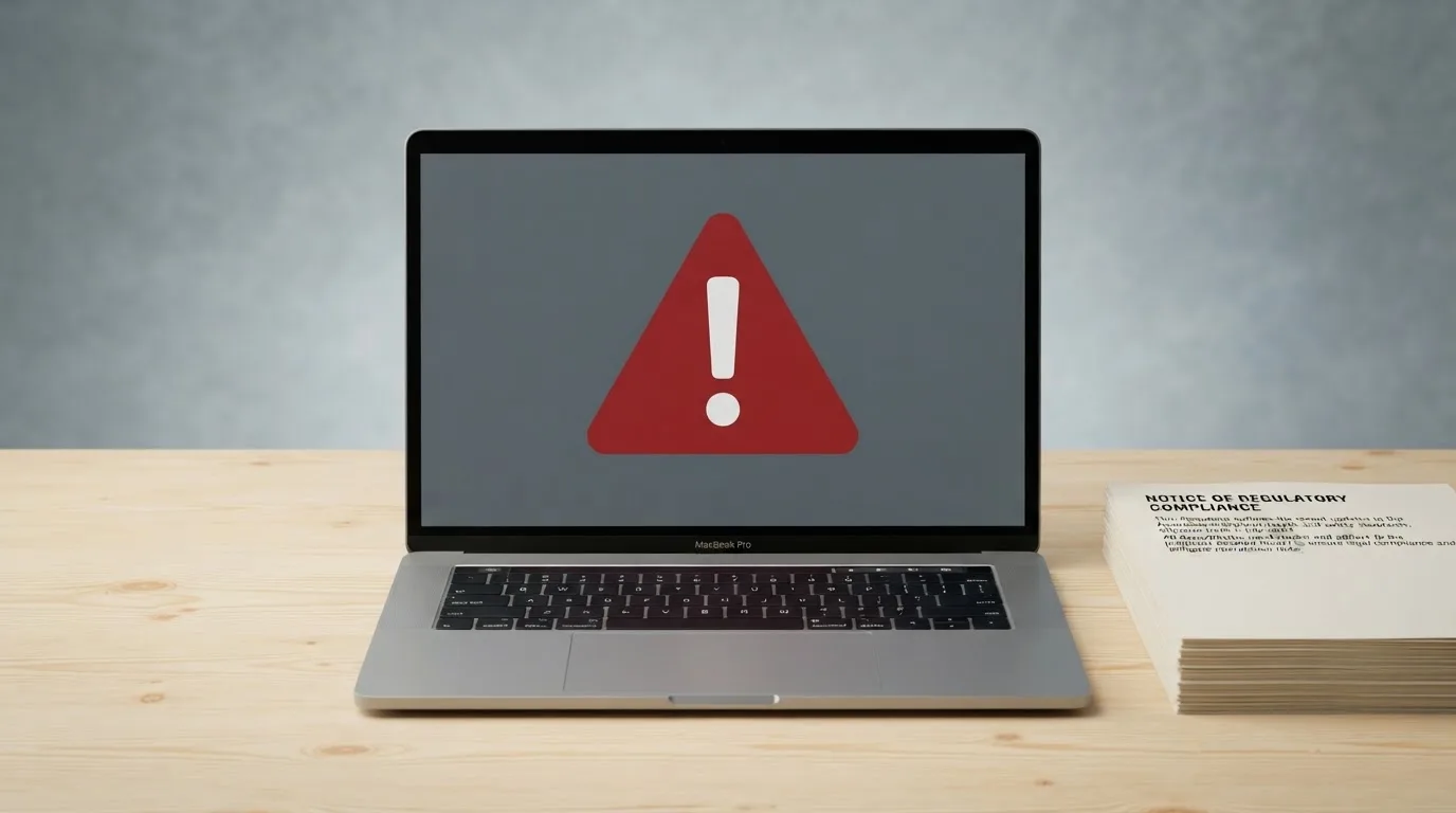 A red triangular warning sign icon on a laptop screen next to a stack of legal papers, symbolising an official caution rather than any specific website.