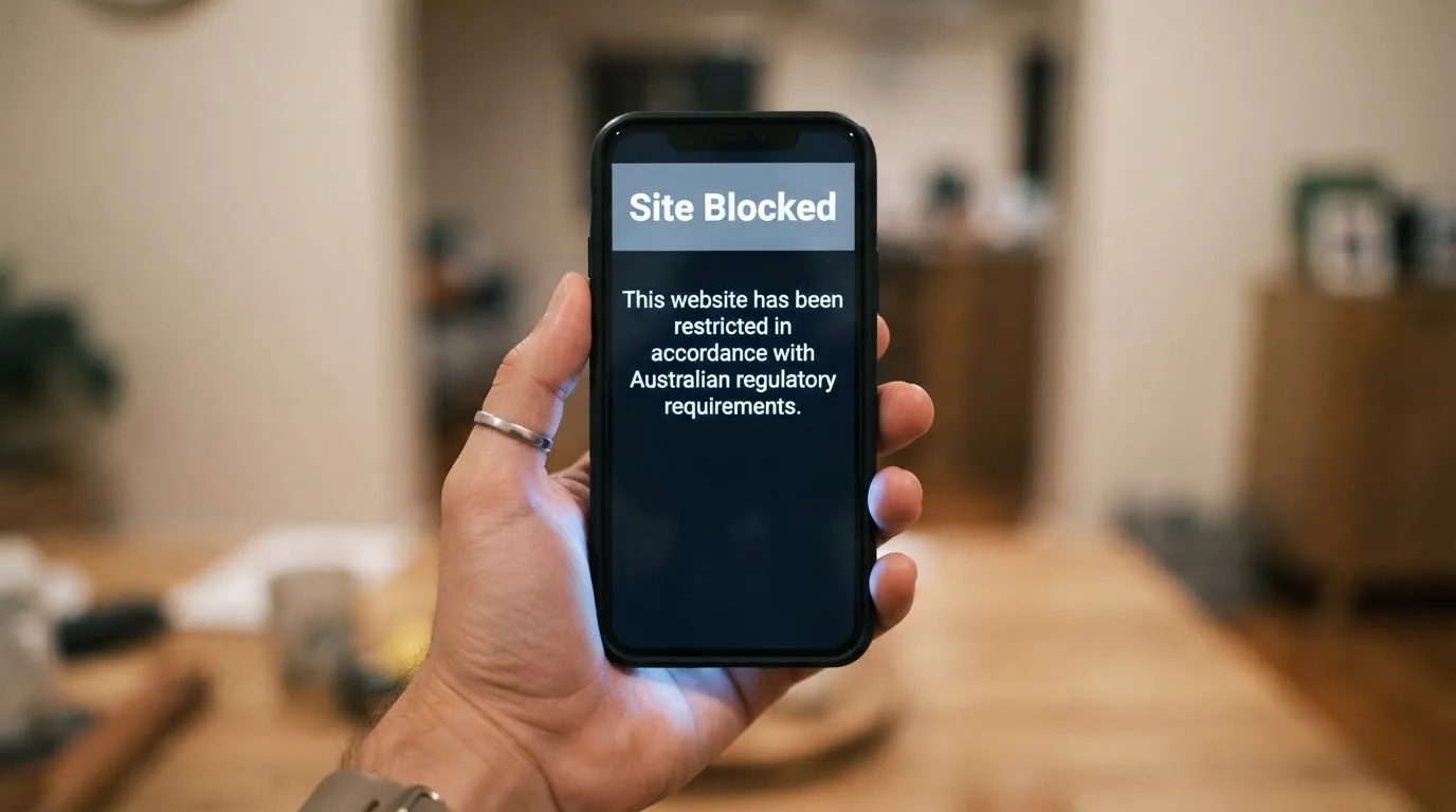 A smartphone screen showing a plain government warning notice about a blocked website, held against a blurred background.