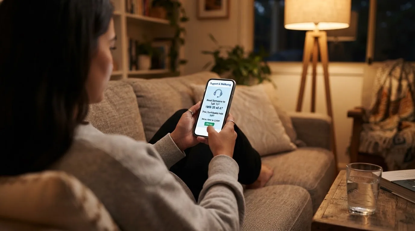 A person sitting calmly with a phone open to a support helpline page, no gaming screen visible.