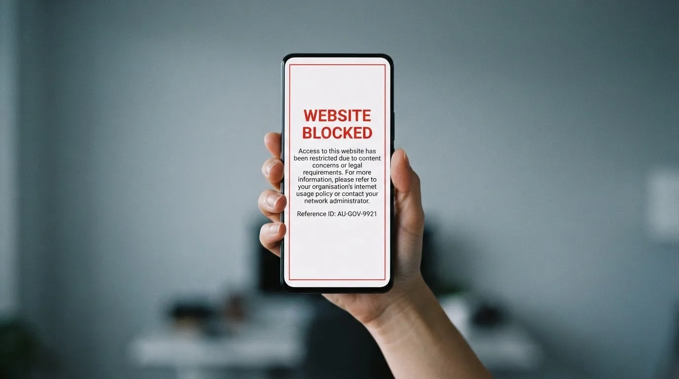A smartphone screen showing a plain government warning notice about a blocked website, held against a blurred background.