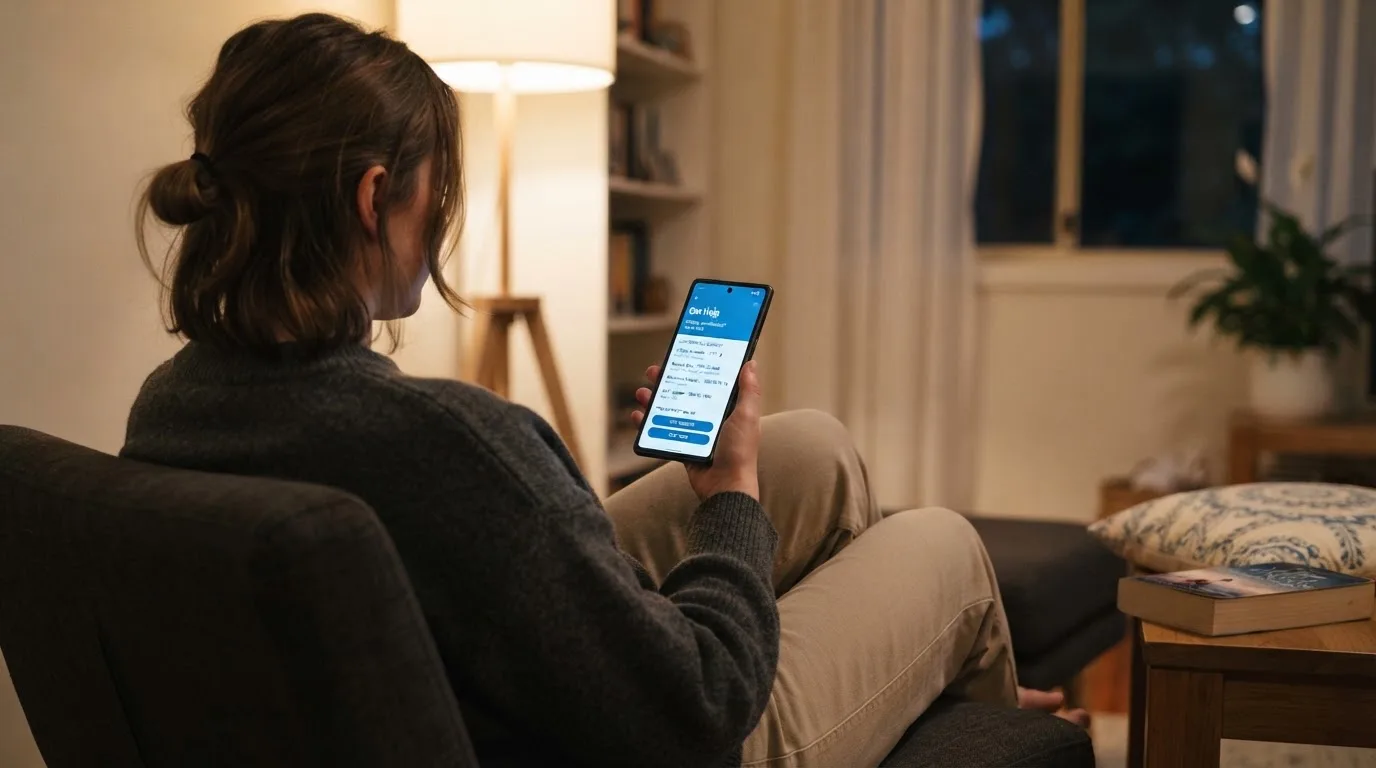A person sitting calmly with a phone open to a support helpline page, no gaming screen visible.