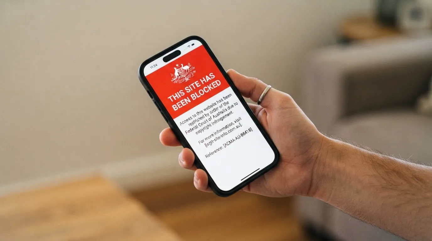 A smartphone screen showing a plain government warning notice about a blocked website, held against a blurred background.