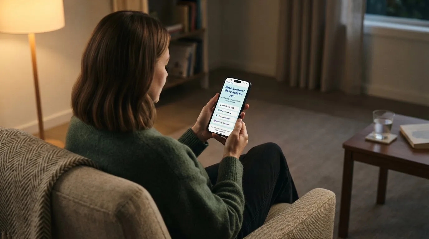 A person sitting calmly with a phone open to a support helpline page, no gaming screen visible.