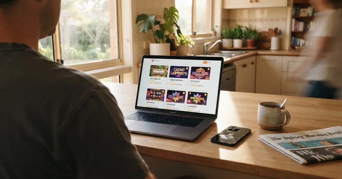 A person at a kitchen table scrolling through review pages on a laptop, phone face-down beside them.